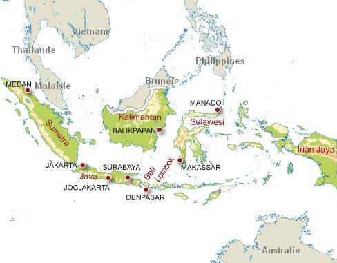 Carte de l'Indonésie : Java, Bali, Lombok, Sumatra et Sulawesi